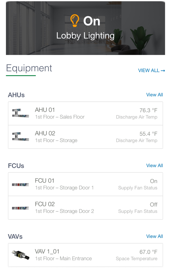 Reflow mobile view listing air handlers, fan coil units and VAV boxes with live temperatures