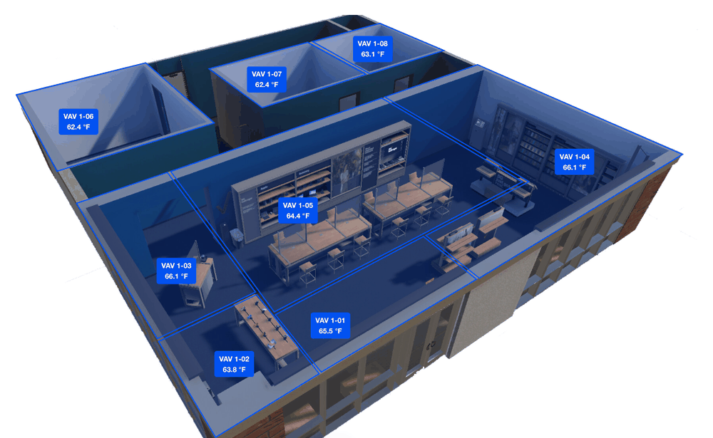 Reflow 3D floor plan with VAV zone temperature tags