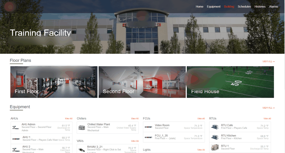 Reflow home page for a professional sports training facility with floor plan cards and equipment lists